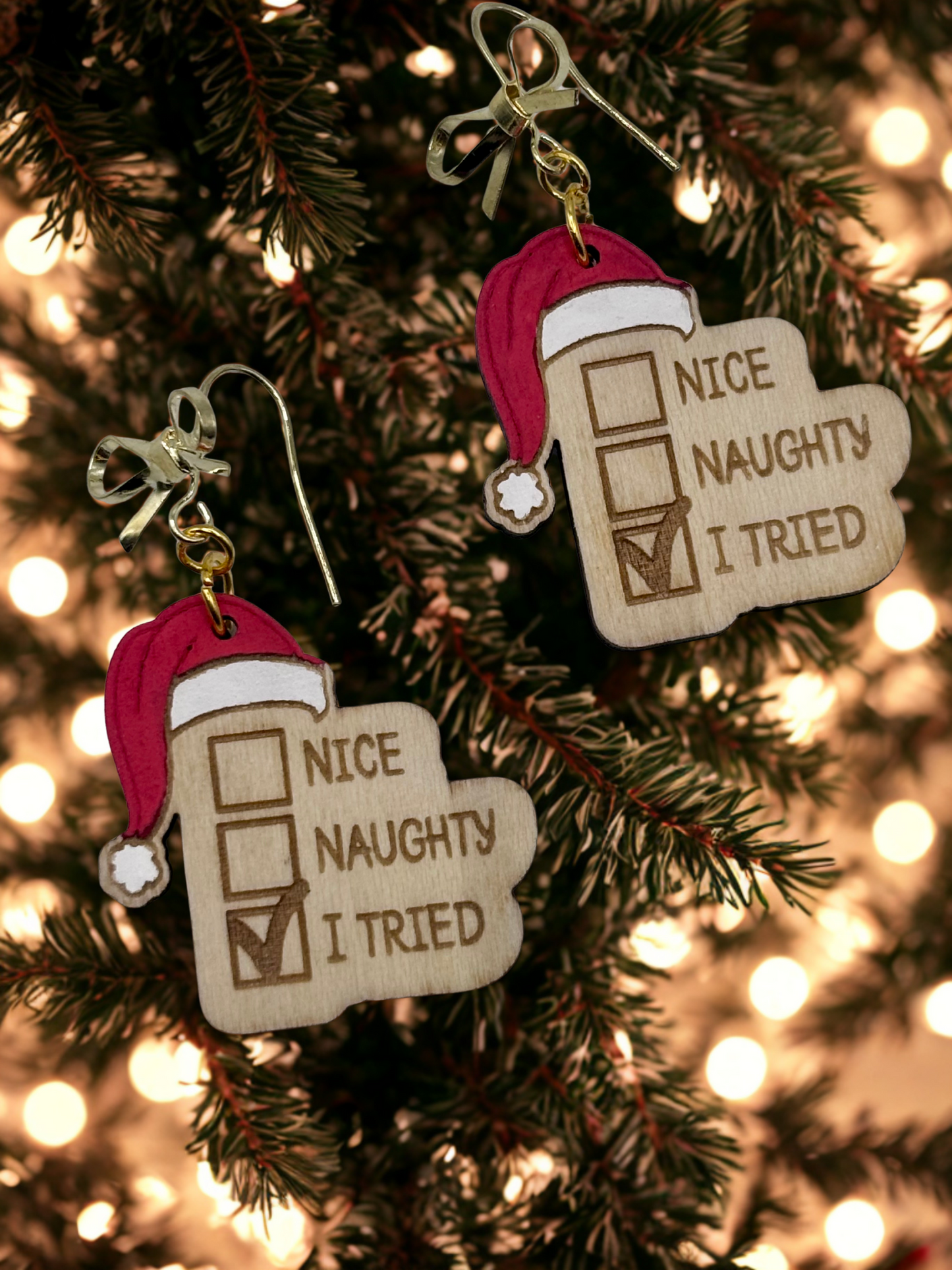 Adorable Christmas Earrings Naughty List featuring Hypoallergenic Bow Hooks, Hand painted and Lightweight Festive Holiday Earrings