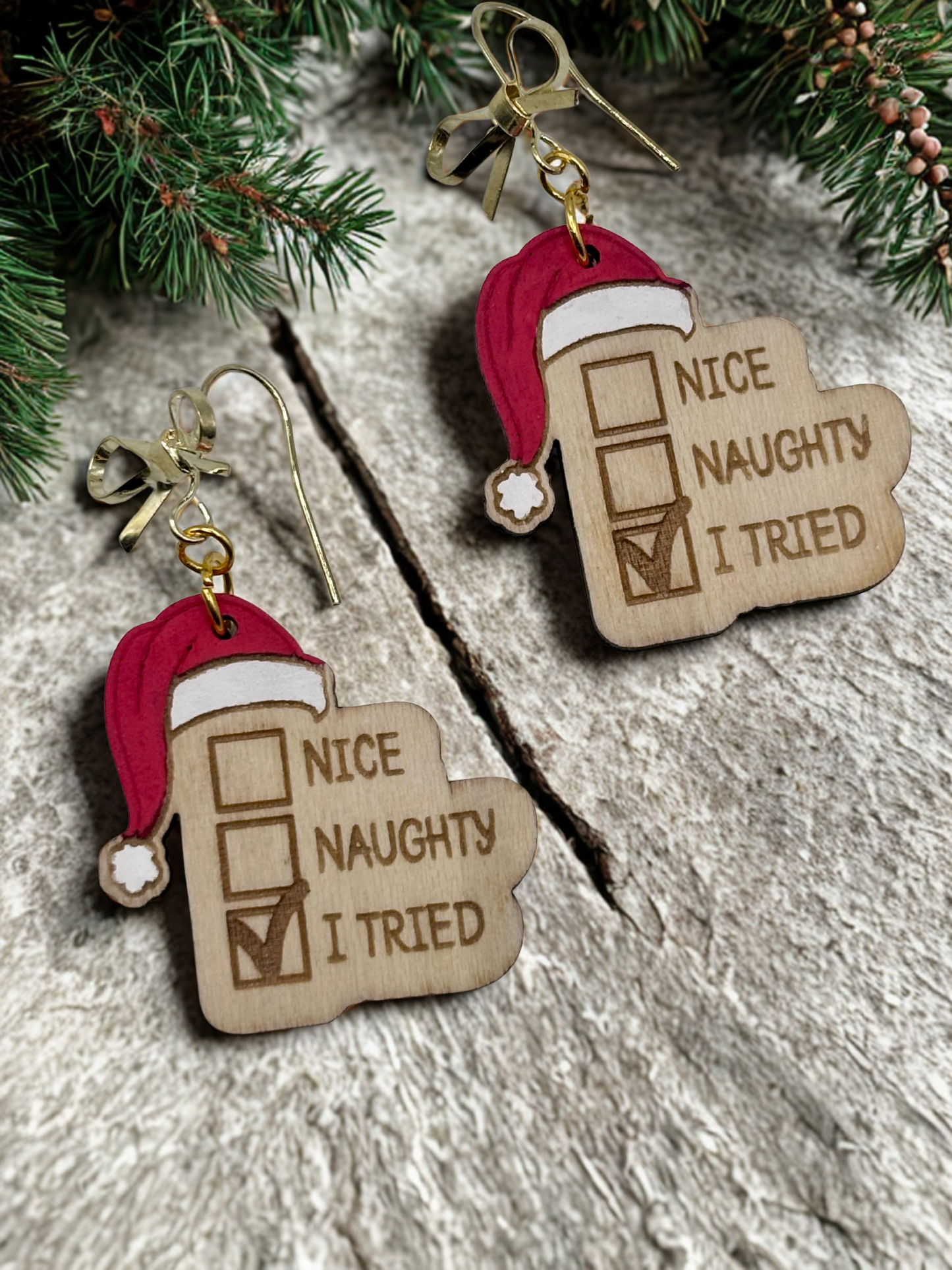 Adorable Christmas Earrings Naughty List featuring Hypoallergenic Bow Hooks, Hand painted and Lightweight Festive Holiday Earrings