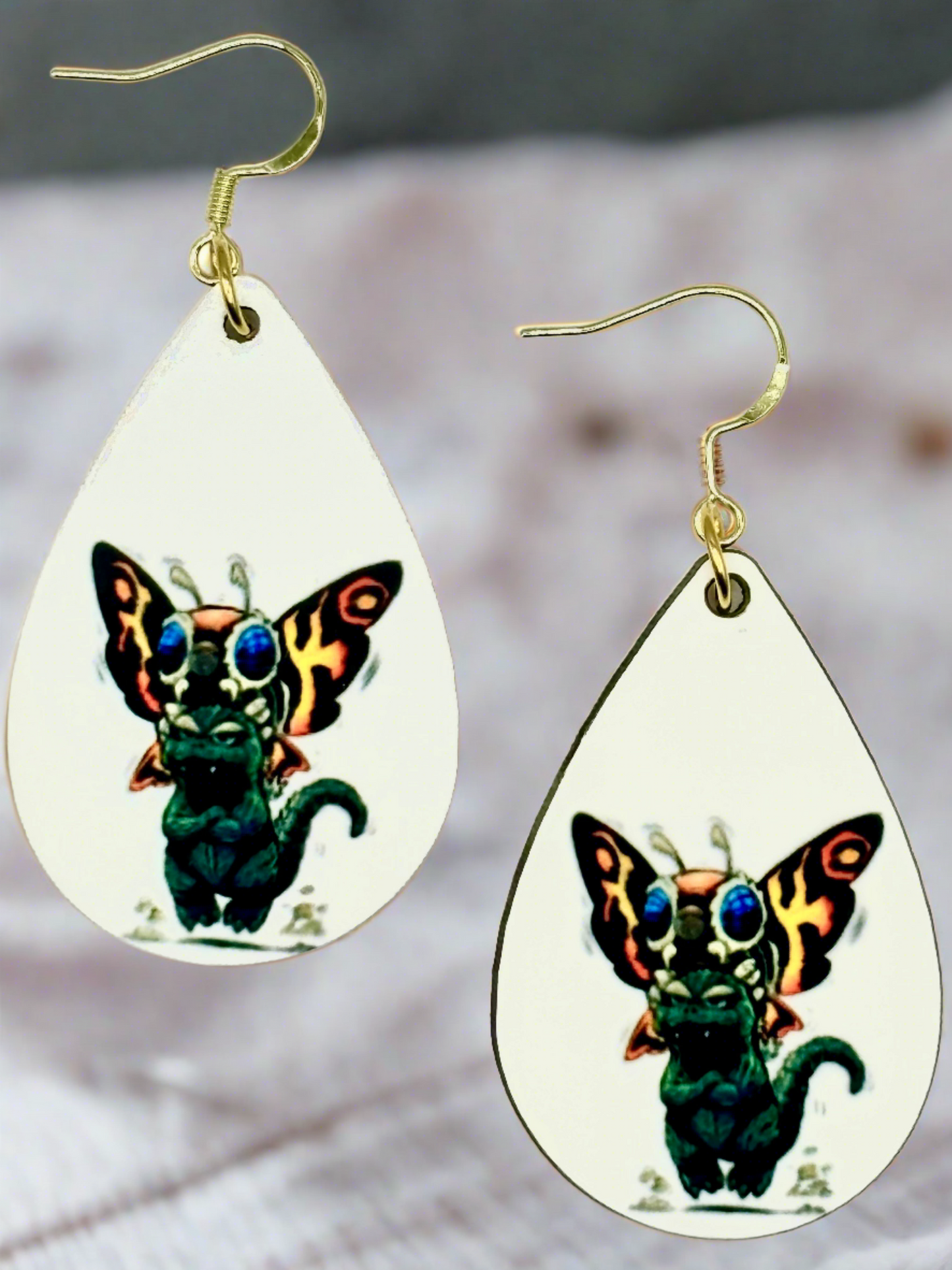 Fun and Vibrant Godzilla & Mothra Earrings - Handmade Jewelry with Double-sided Design