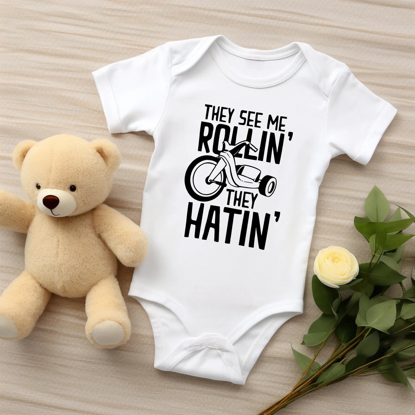 Cute and Funny 'They See Me Rollin' Baby Bodysuit - Trendy Baby Clothing