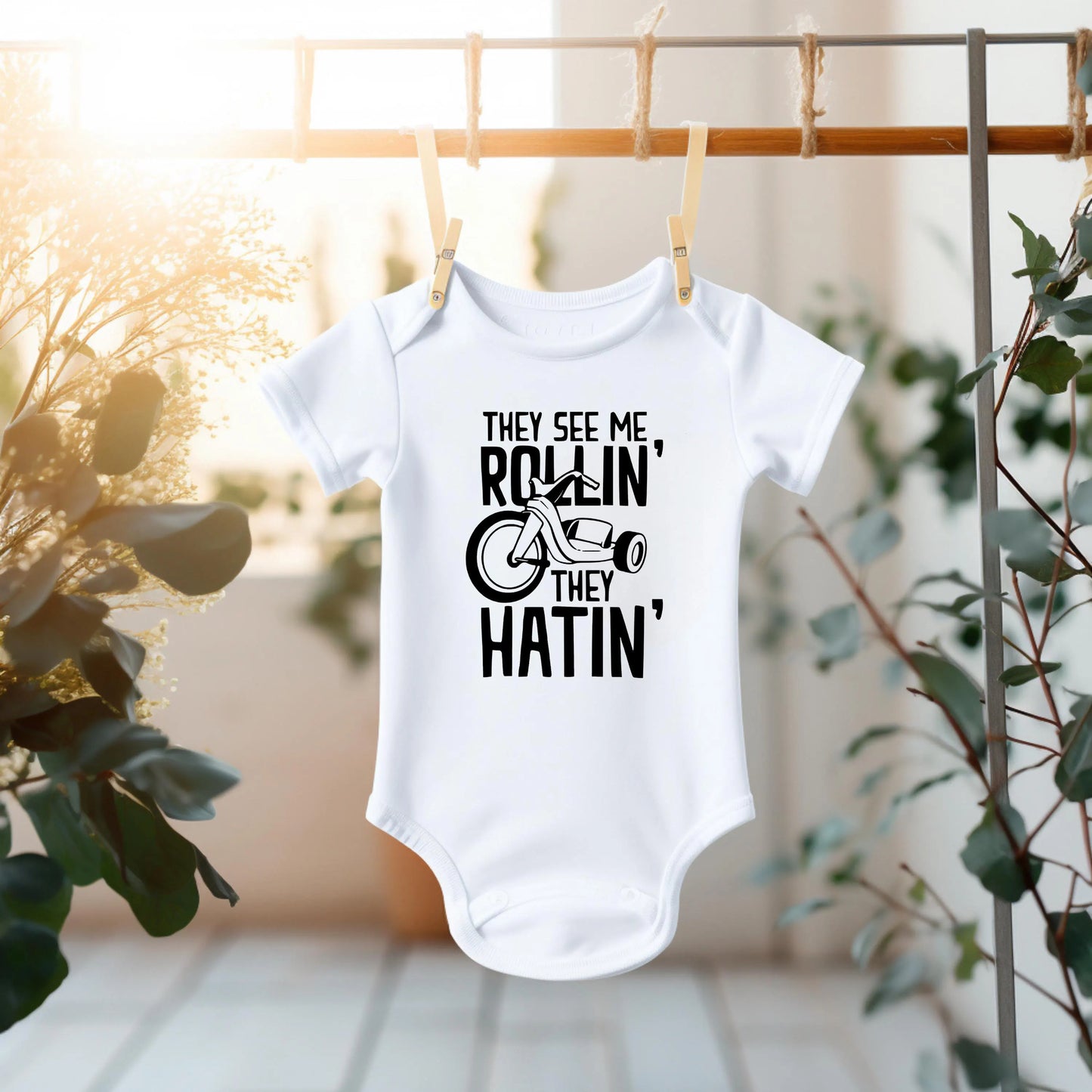Cute and Funny 'They See Me Rollin' Baby Bodysuit - Trendy Baby Clothing
