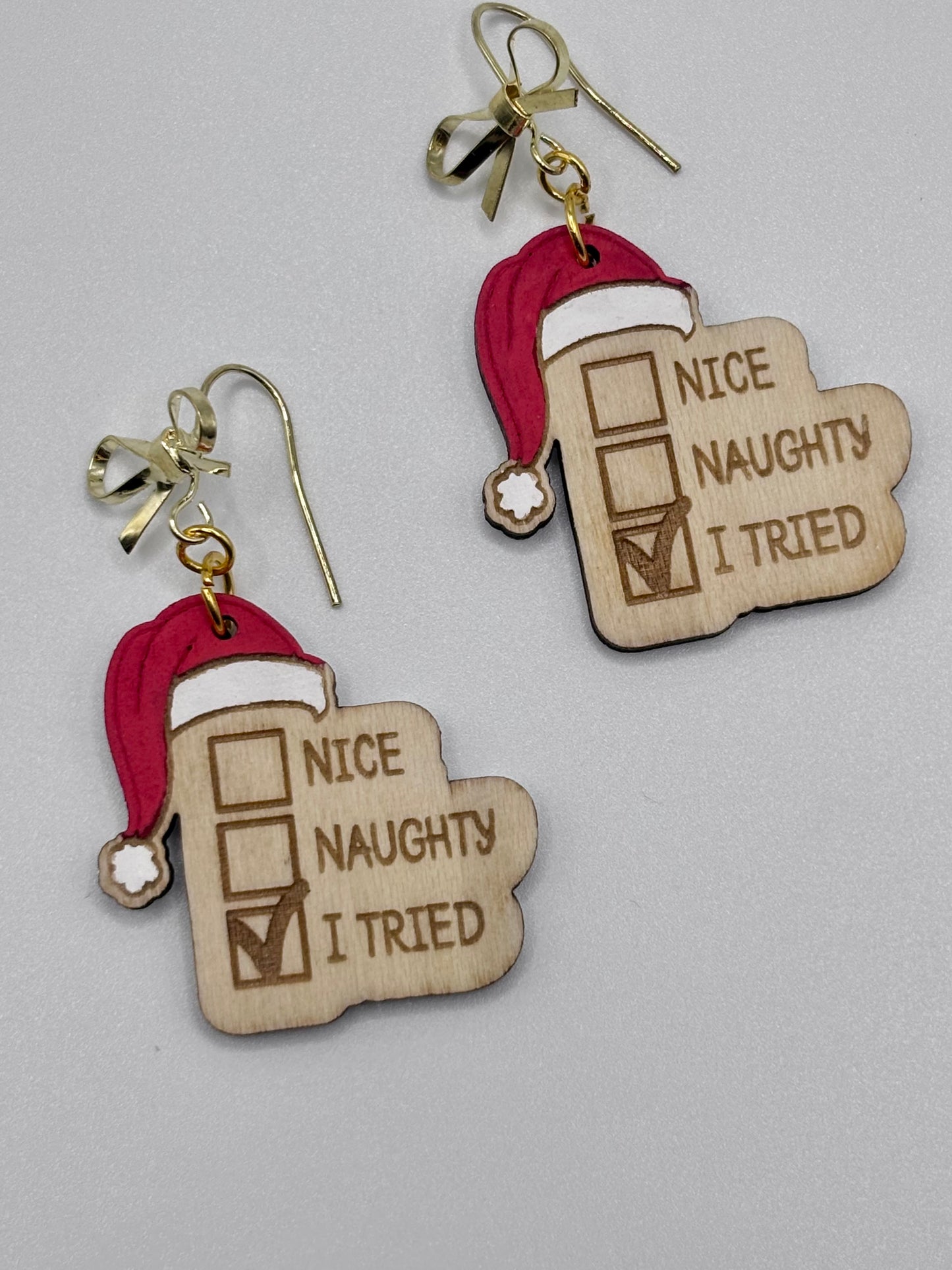 Adorable Christmas Earrings Naughty List featuring Hypoallergenic Bow Hooks, Hand painted and Lightweight Festive Holiday Earrings