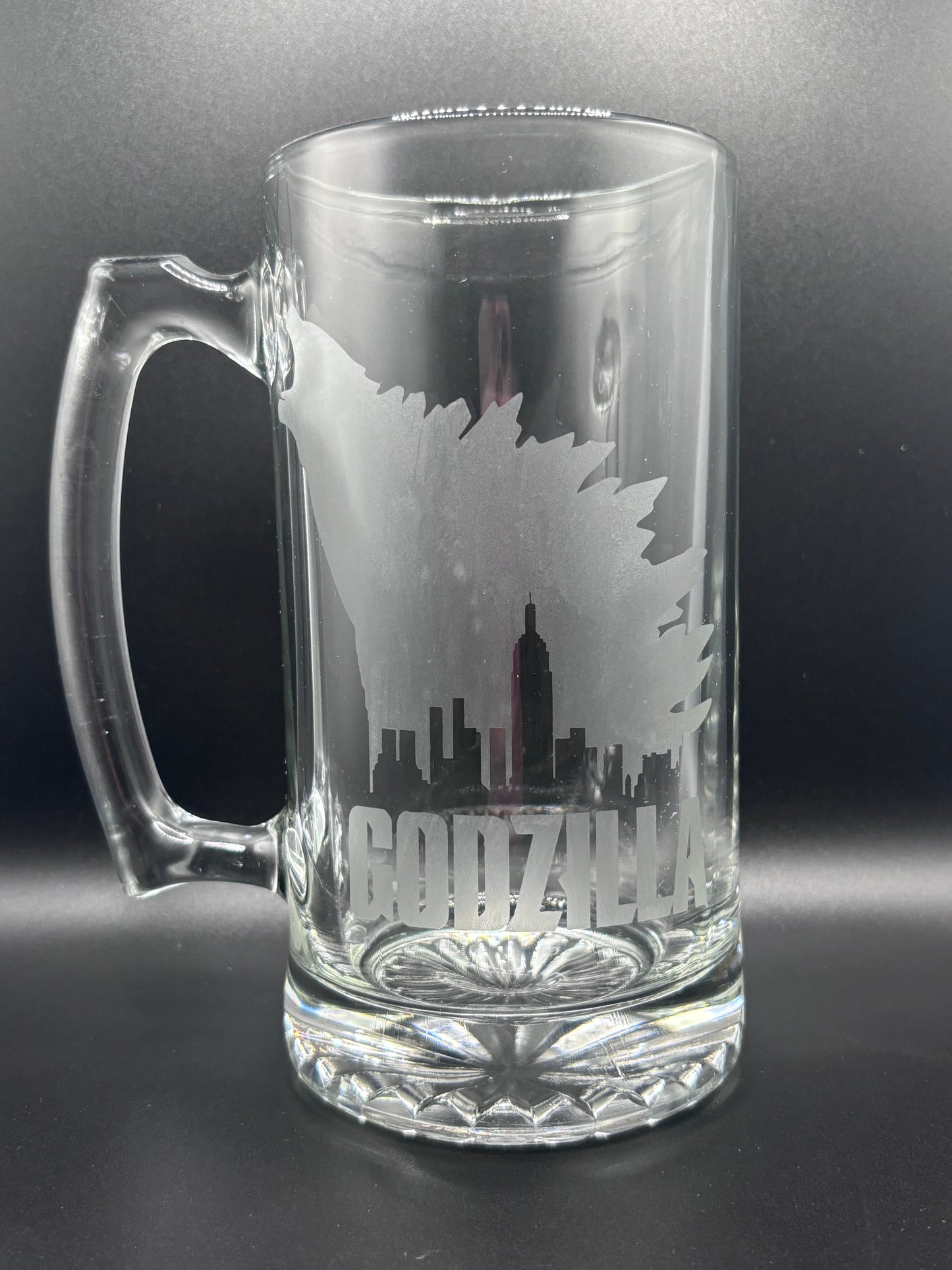 Unique Godzilla Glass Stein with Intricate Etched Design