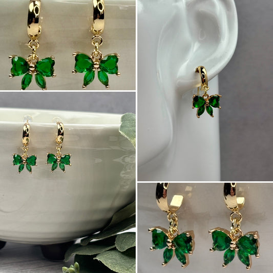 Green Bow Drop Earrings, Gold-Plated Surgical Steel, Hypoallergenic Cubic Zirconia