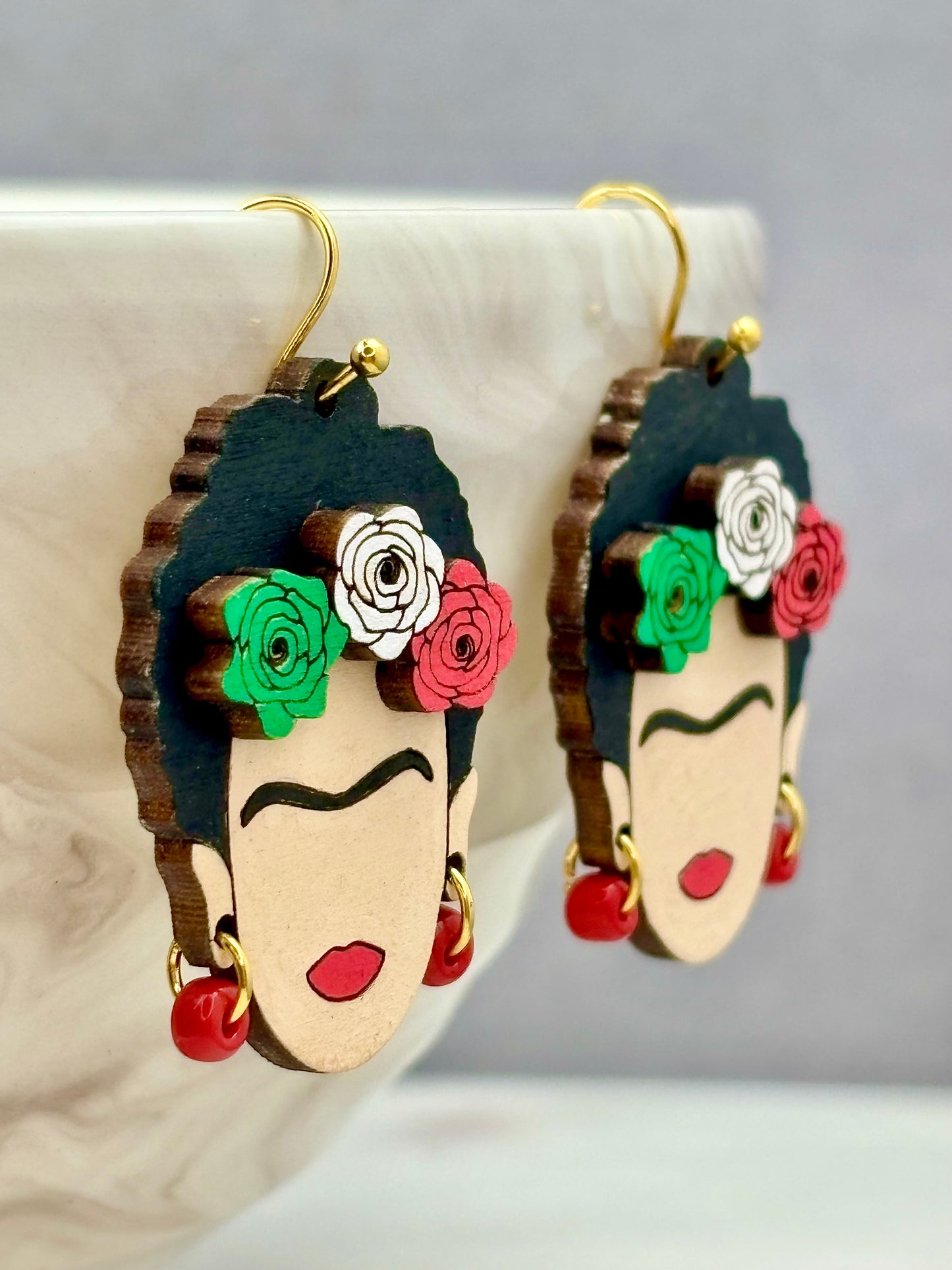 Frida Kahlo Wooden Earrings - Hand-Painted, Hypoallergenic Perfect for Everyday Wear.
