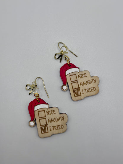 Adorable Christmas Earrings Naughty List featuring Hypoallergenic Bow Hooks, Hand painted and Lightweight Festive Holiday Earrings