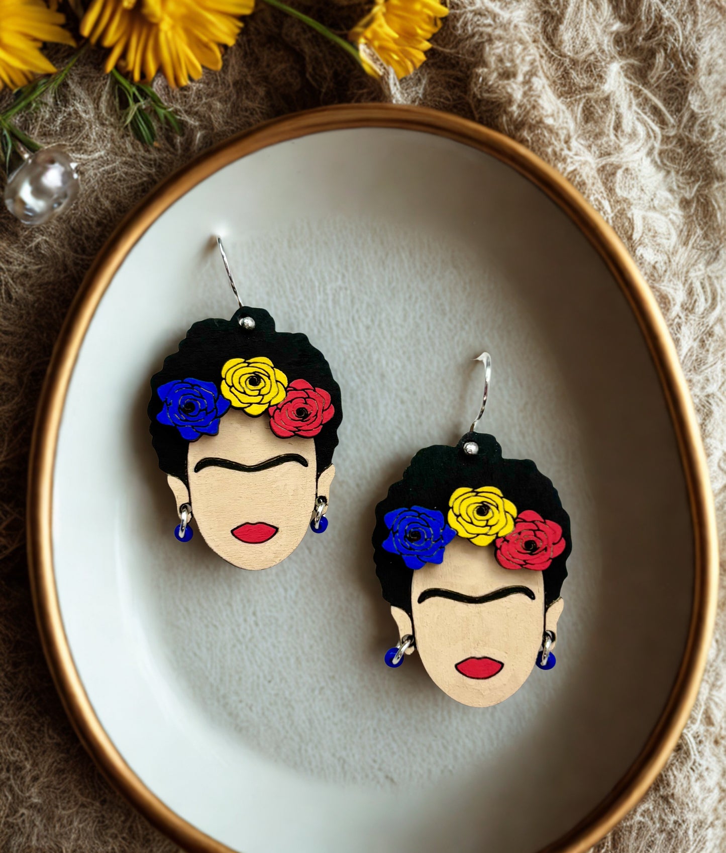 Frida Kahlo Wooden Earrings - Hand-Painted, Hypoallergenic Perfect for Everyday Wear.