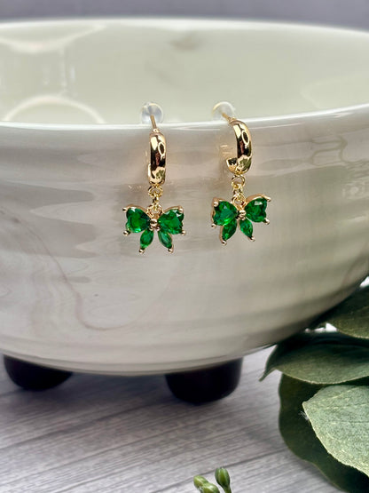 Green Bow Drop Earrings, Gold-Plated Surgical Steel, Hypoallergenic Cubic Zirconia