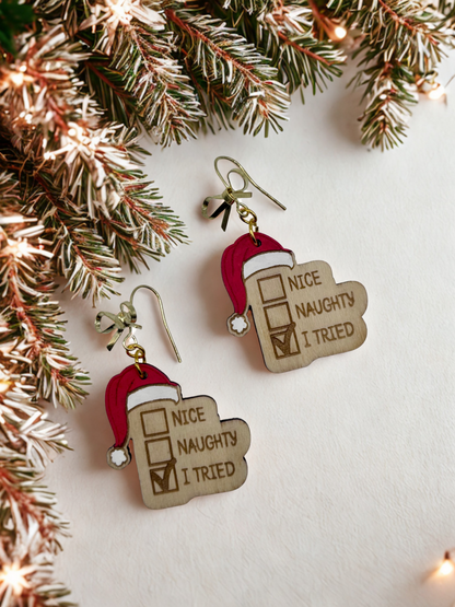 Adorable Christmas Earrings Naughty List featuring Hypoallergenic Bow Hooks, Hand painted and Lightweight Festive Holiday Earrings