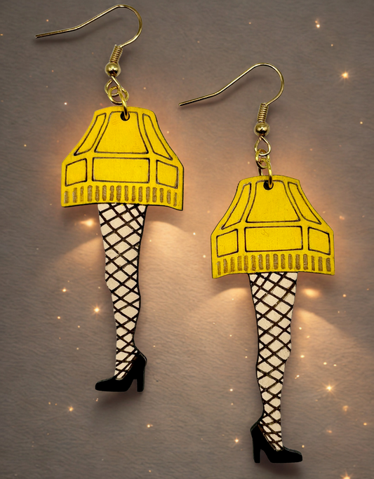 Fragile Leg Lamp Earrings. Adorable Christmas themed earrings featuring hypoallergenic hooks for sensitive ears.