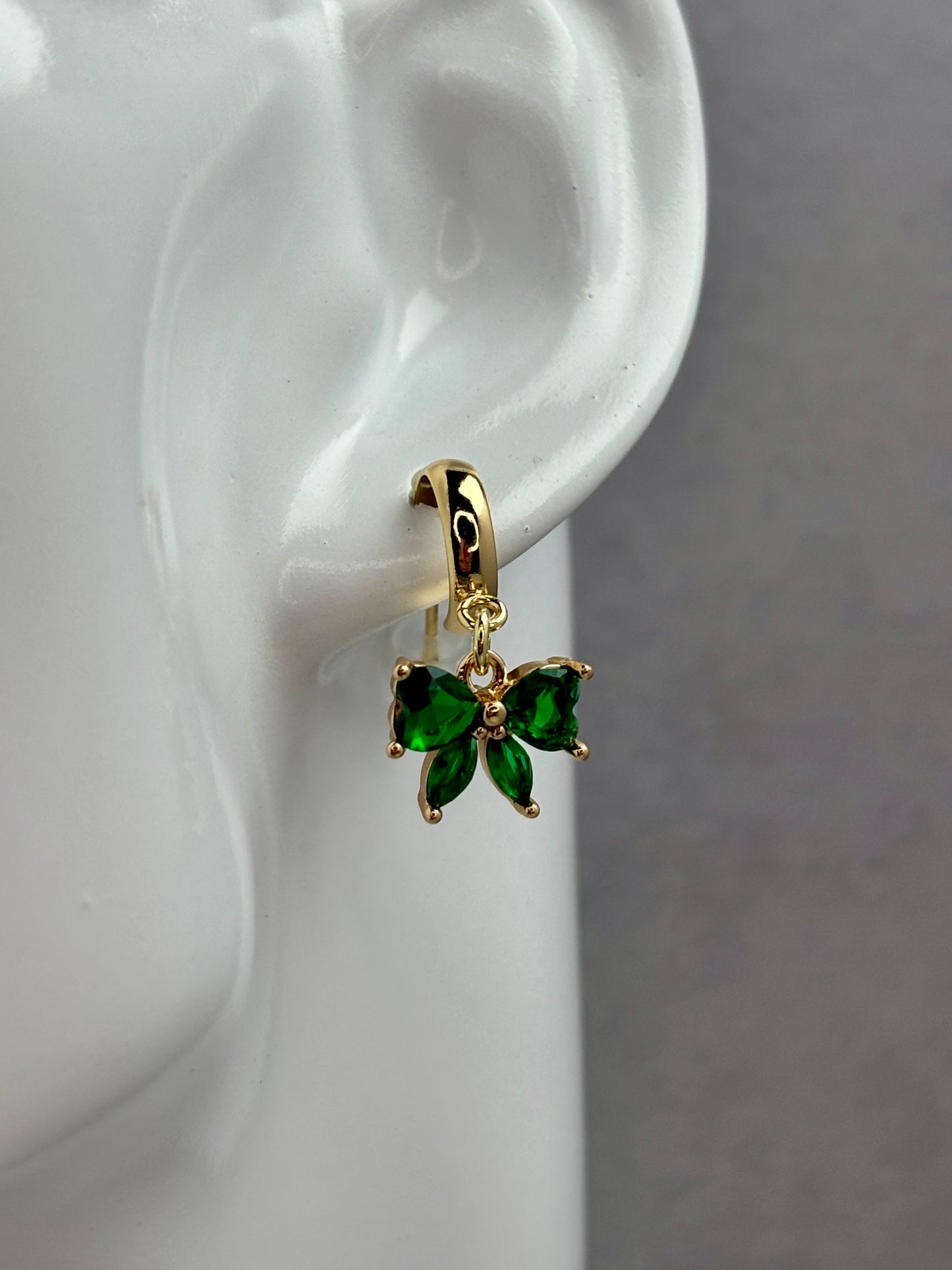 Green Bow Drop Earrings, Gold-Plated Surgical Steel, Hypoallergenic Cubic Zirconia