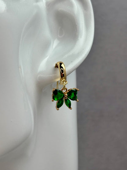 Green Bow Drop Earrings, Gold-Plated Surgical Steel, Hypoallergenic Cubic Zirconia