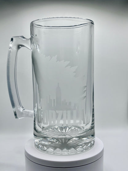 Unique Godzilla Glass Stein with Intricate Etched Design