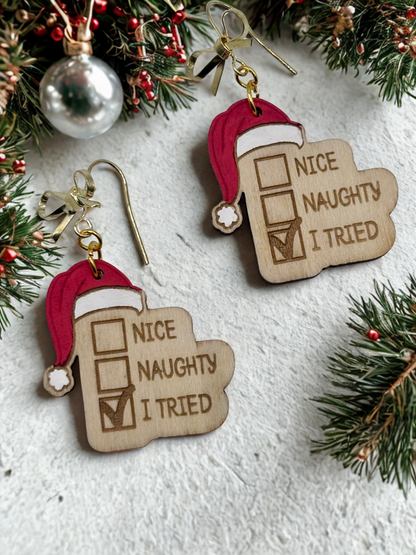 Adorable Christmas Earrings Naughty List featuring Hypoallergenic Bow Hooks, Hand painted and Lightweight Festive Holiday Earrings