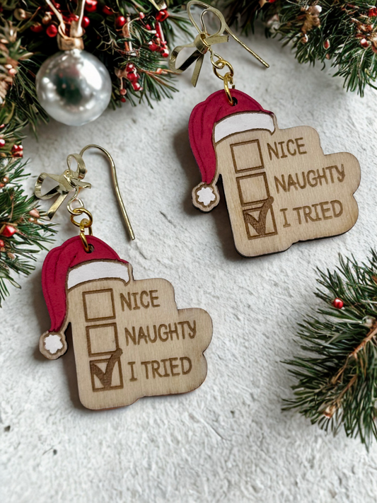 Adorable Christmas Earrings Naughty List featuring Hypoallergenic Bow Hooks, Hand painted and Lightweight Festive Holiday Earrings