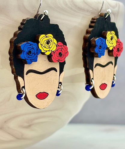 Frida Kahlo Wooden Earrings - Hand-Painted, Hypoallergenic Perfect for Everyday Wear.