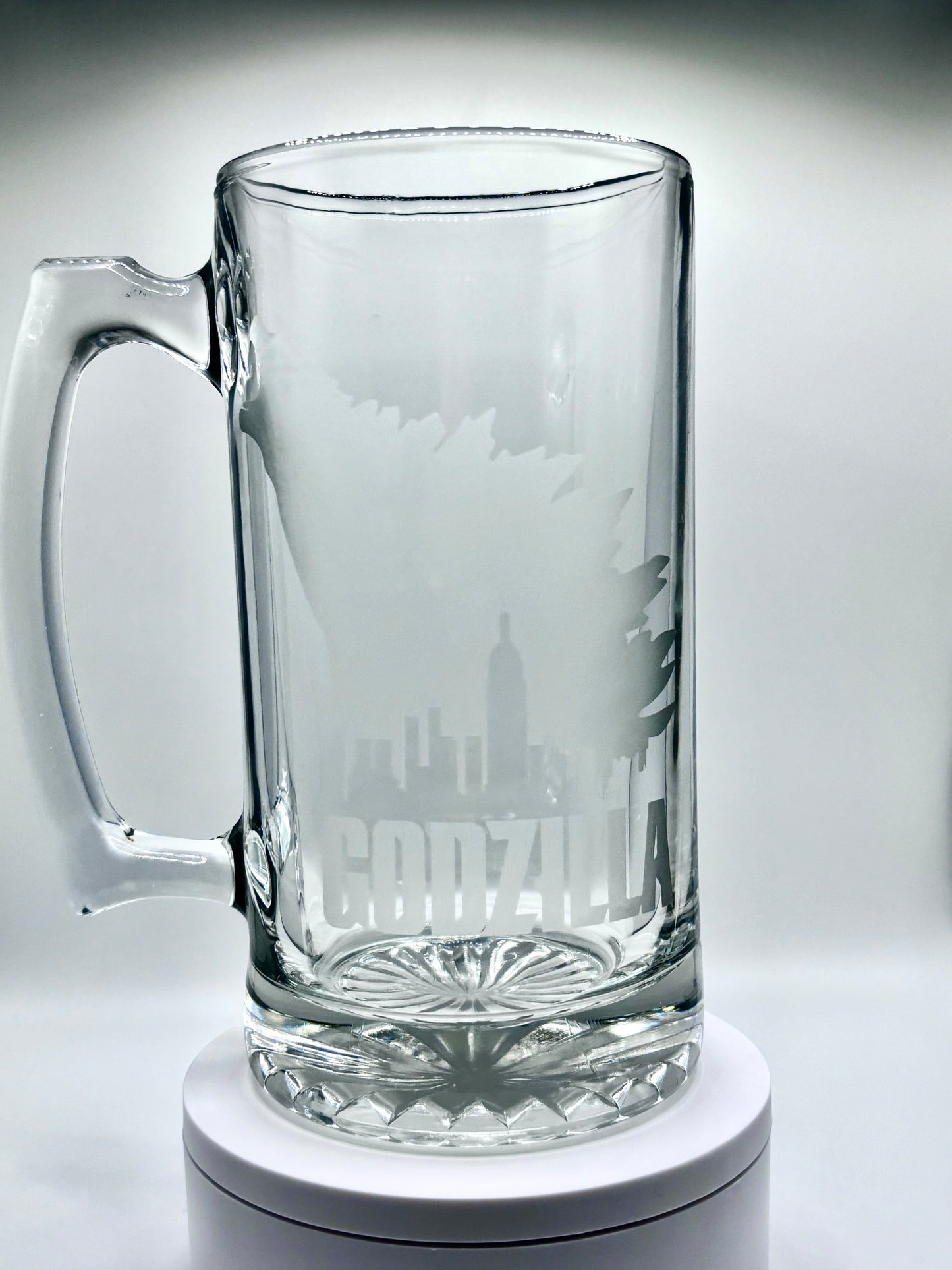 Unique Godzilla Glass Stein with Intricate Etched Design