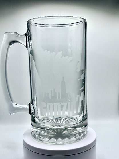 Unique Godzilla Glass Stein with Intricate Etched Design