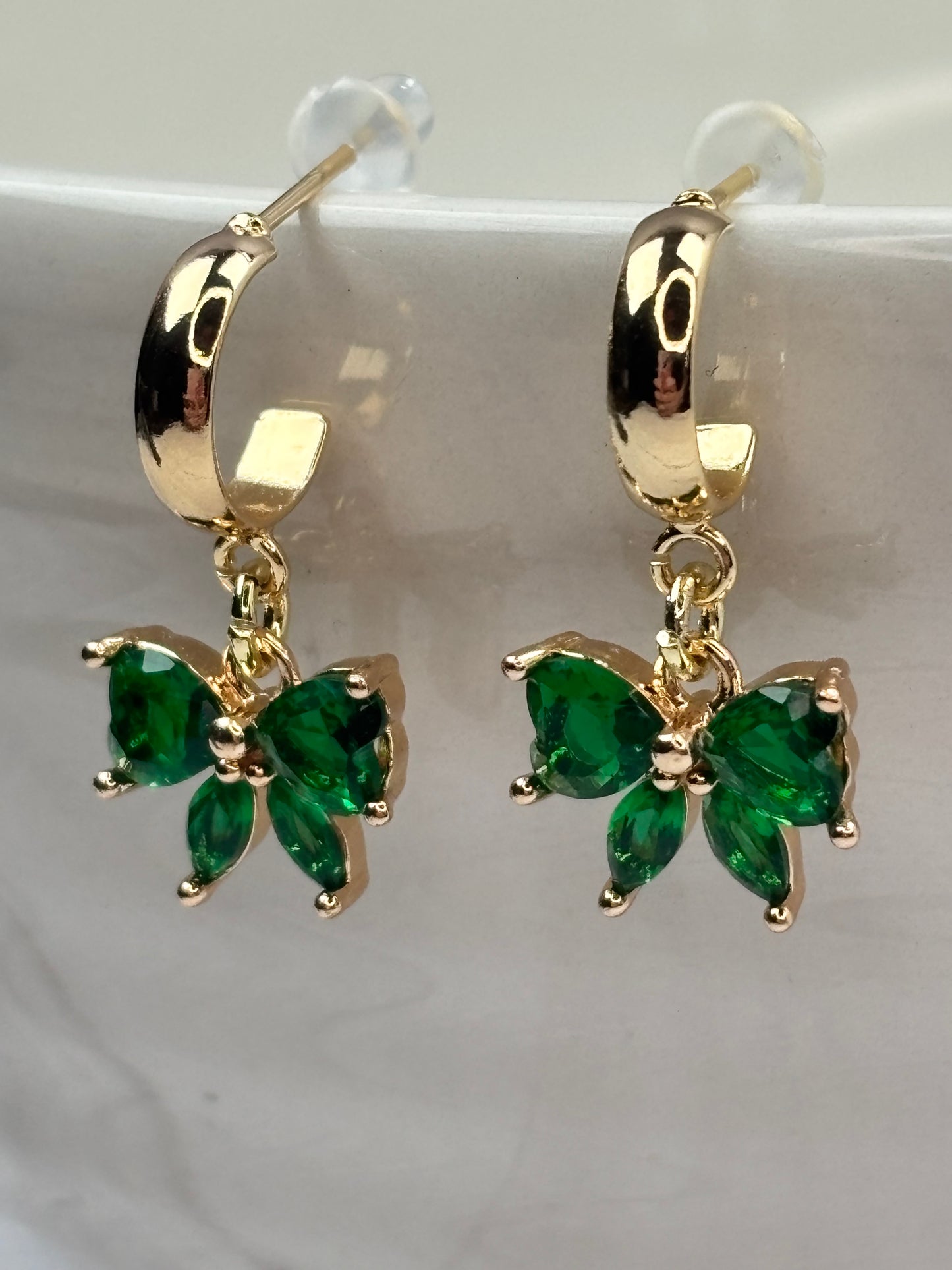 Green Bow Drop Earrings, Gold-Plated Surgical Steel, Hypoallergenic Cubic Zirconia