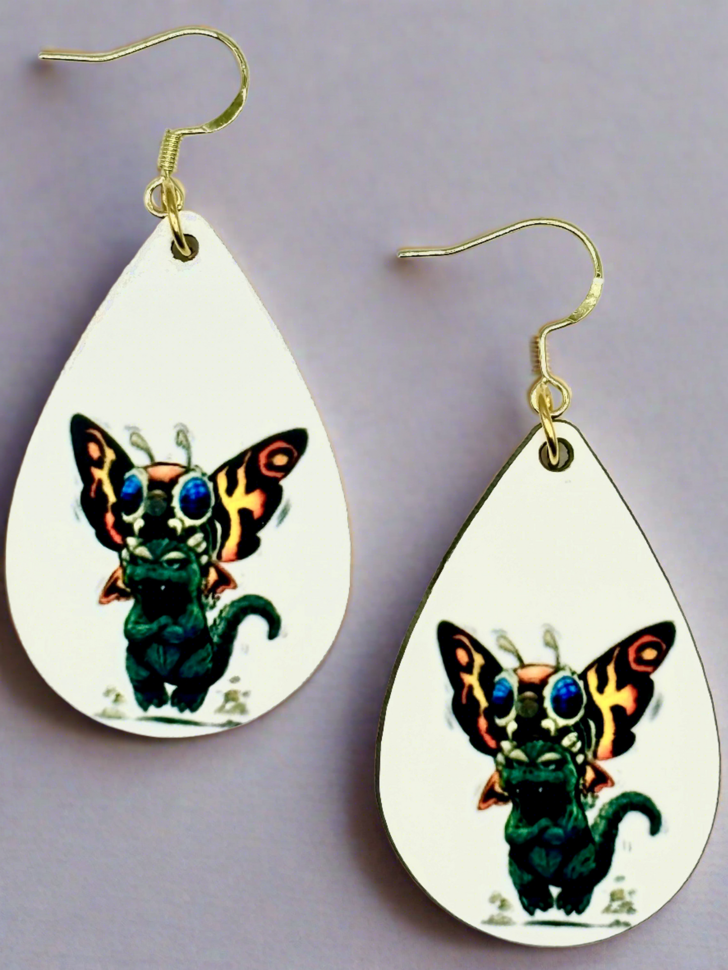Fun and Vibrant Godzilla & Mothra Earrings - Handmade Jewelry with Double-sided Design