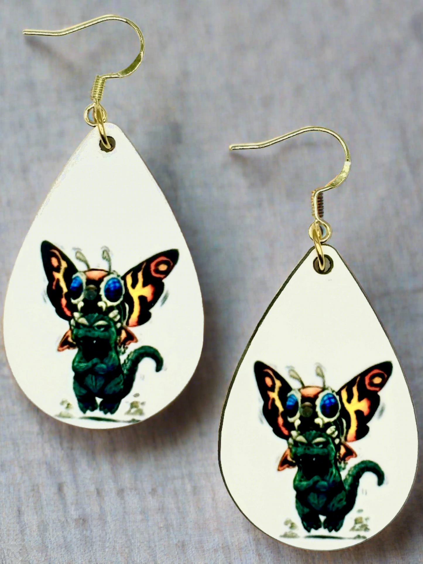 Fun and Vibrant Godzilla & Mothra Earrings - Handmade Jewelry with Double-sided Design