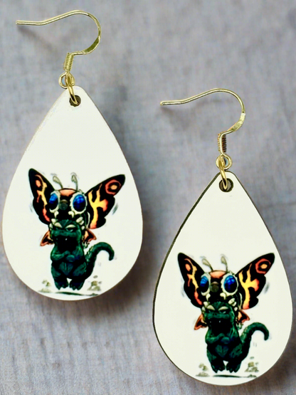 Fun and Vibrant Godzilla & Mothra Earrings - Handmade Jewelry with Double-sided Design