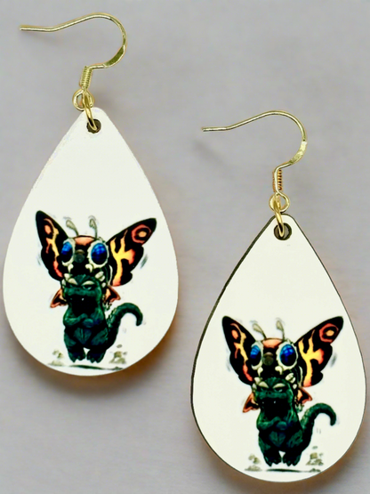 Fun and Vibrant Godzilla & Mothra Earrings - Handmade Jewelry with Double-sided Design