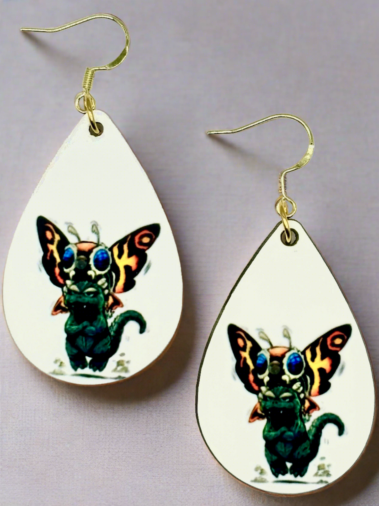 Fun and Vibrant Godzilla & Mothra Earrings - Handmade Jewelry with Double-sided Design