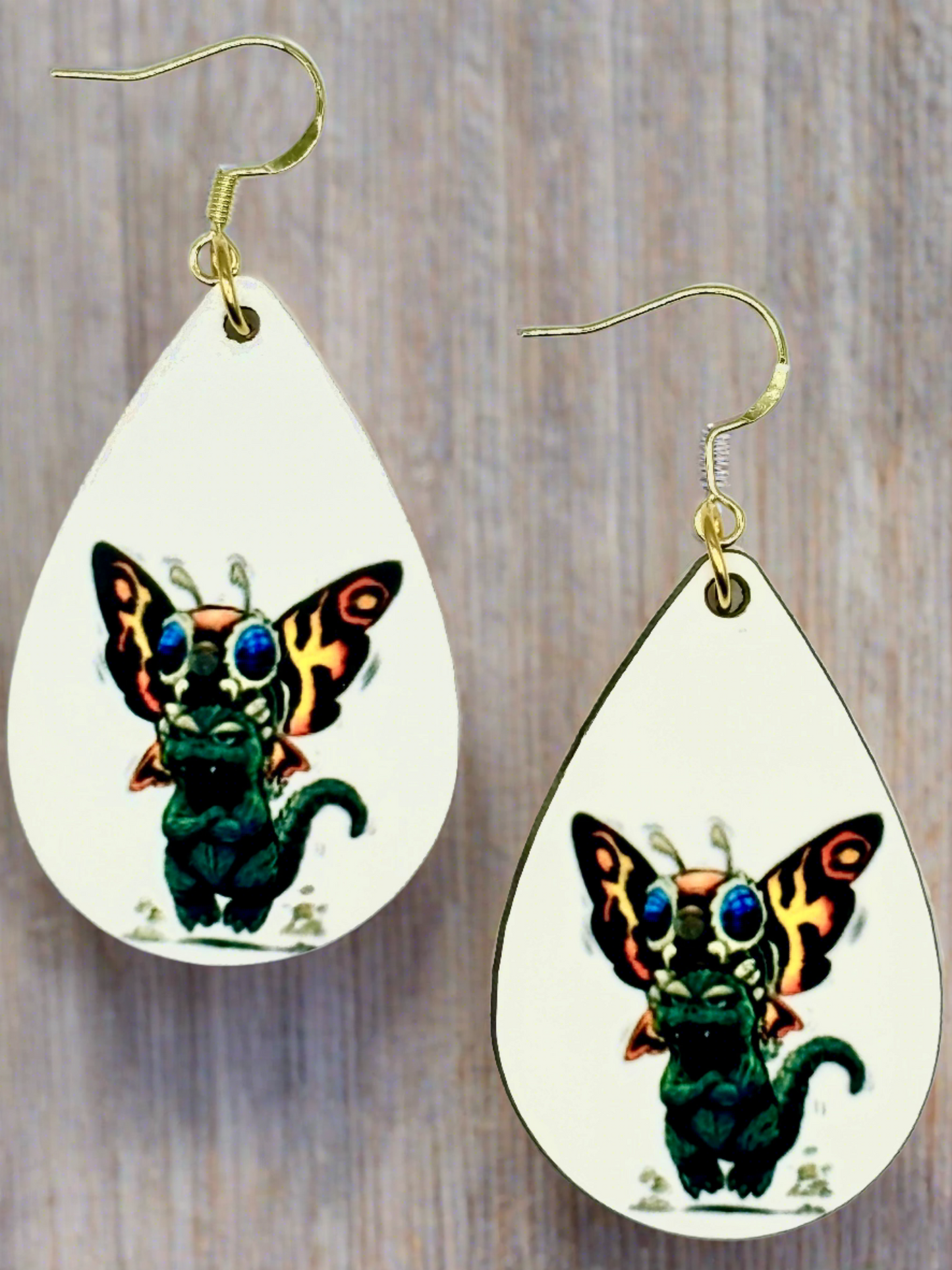 Fun and Vibrant Godzilla & Mothra Earrings - Handmade Jewelry with Double-sided Design