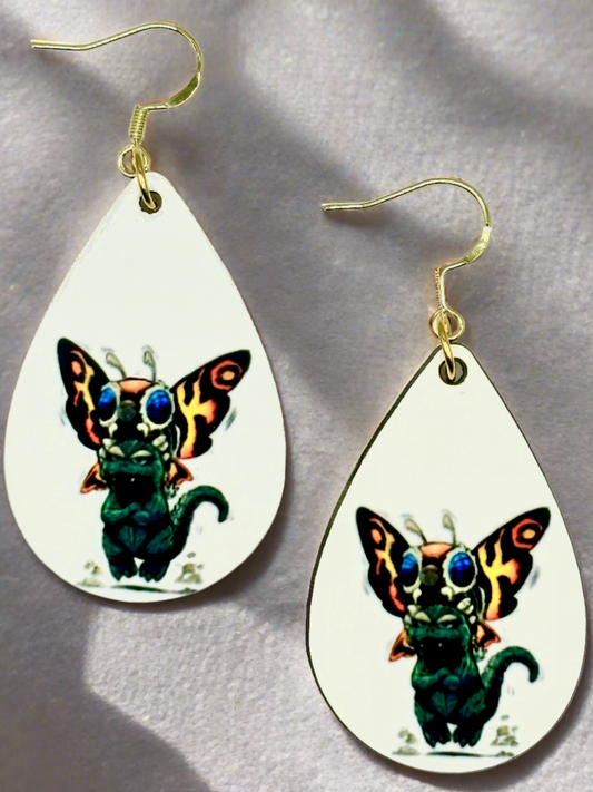 Fun and Vibrant Godzilla & Mothra Earrings - Handmade Jewelry with Double-sided Design