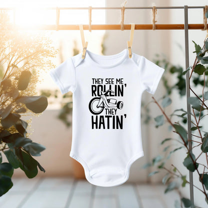 Cute and Funny 'They See Me Rollin' Baby Bodysuit - Trendy Baby Clothing