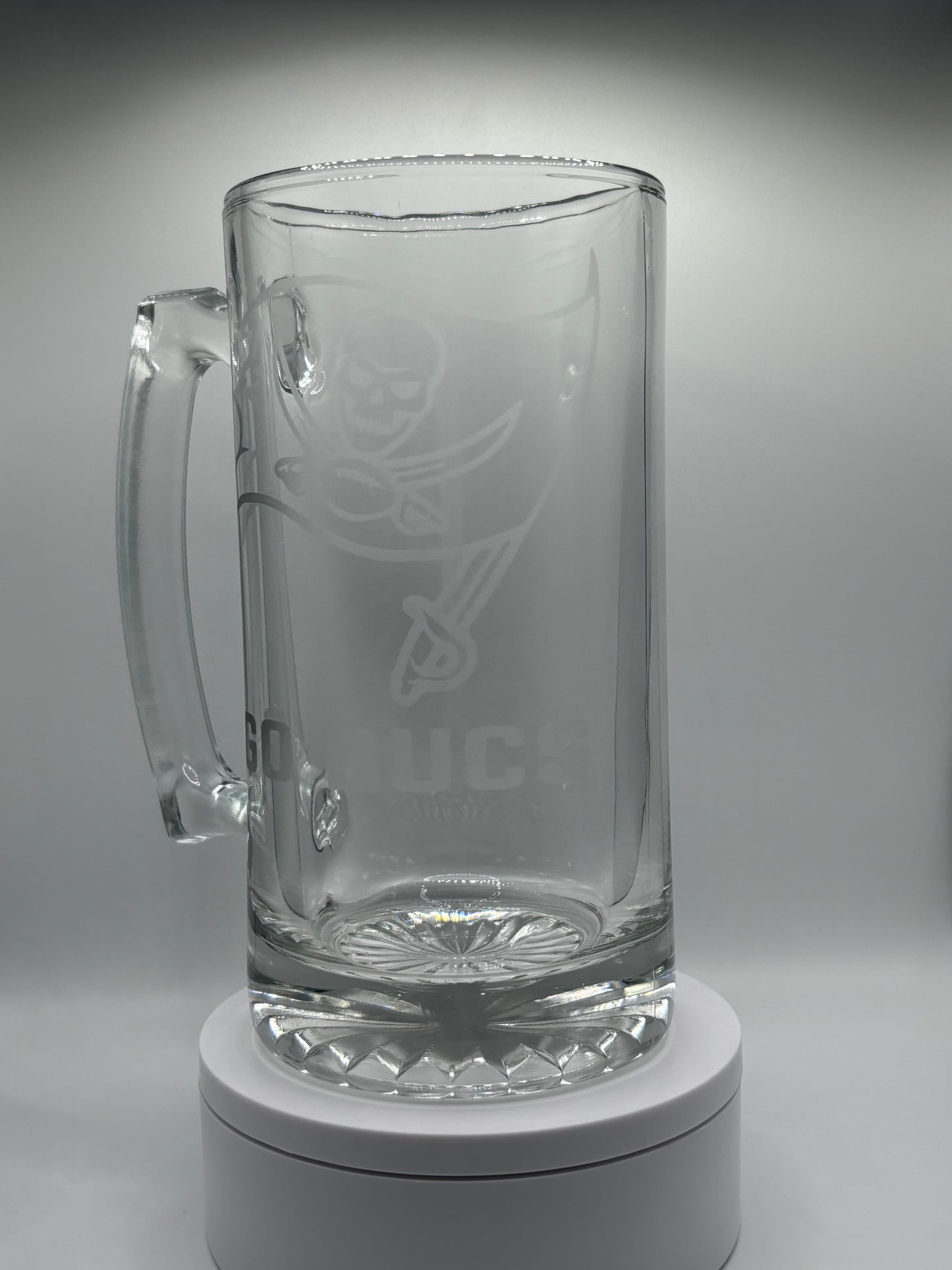 Tampa Bay Buccaneers Go Bucs themed Glass Stein - Hand Etched Design - Football Lover's Gift
