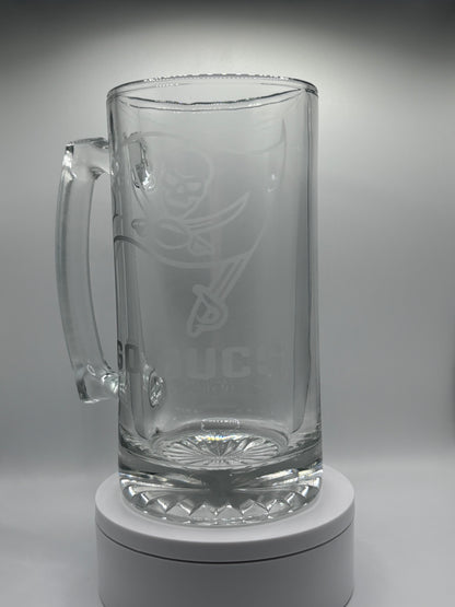 Tampa Bay Buccaneers Go Bucs themed Glass Stein - Hand Etched Design - Football Lover's Gift