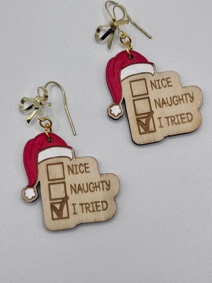 Adorable Christmas Earrings Naughty List featuring Hypoallergenic Bow Hooks, Hand painted and Lightweight Festive Holiday Earrings