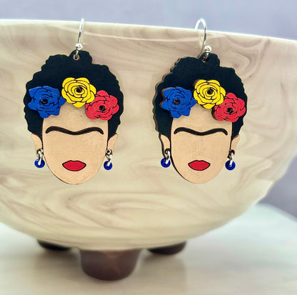Frida Kahlo Wooden Earrings - Hand-Painted, Hypoallergenic Perfect for Everyday Wear.