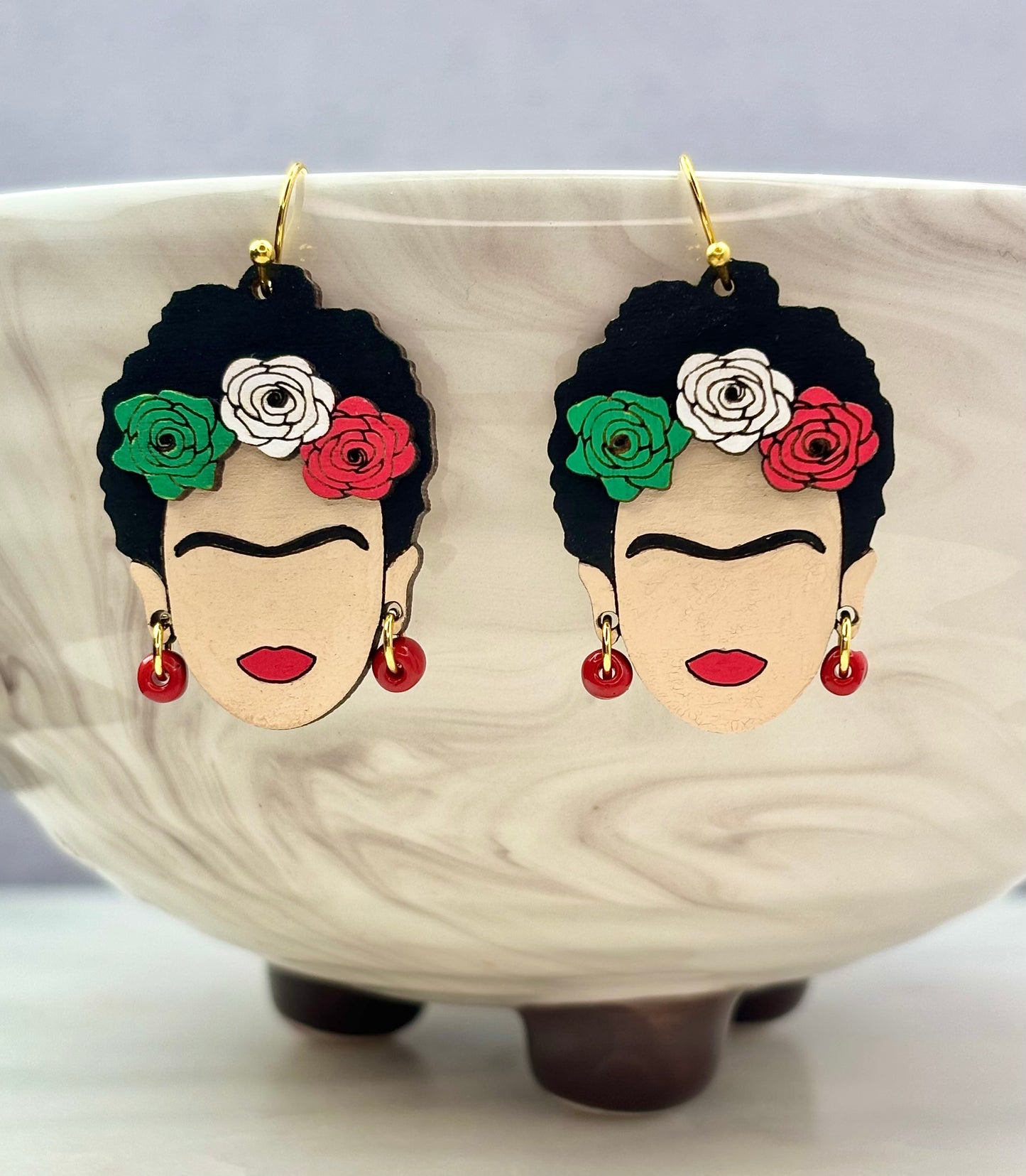 Frida Kahlo Wooden Earrings - Hand-Painted, Hypoallergenic Perfect for Everyday Wear.