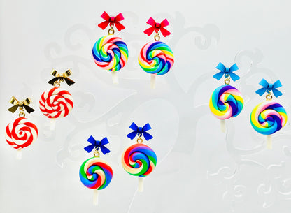 Swirled Lollipop Bow Earrings-Hypoallergenic