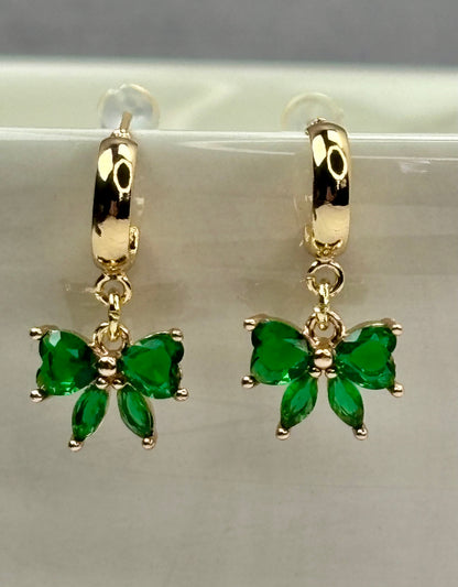 Green Bow Drop Earrings, Gold-Plated Surgical Steel, Hypoallergenic Cubic Zirconia
