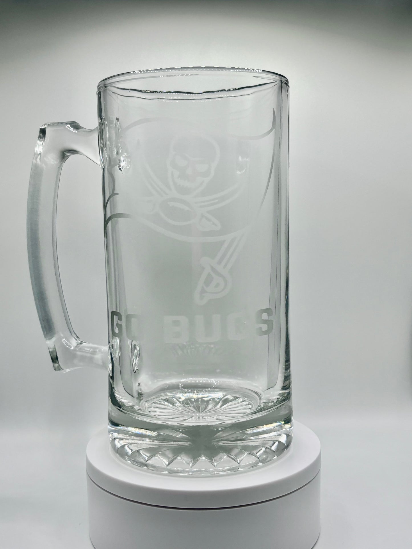 Tampa Bay Buccaneers Go Bucs themed Glass Stein - Hand Etched Design - Football Lover's Gift