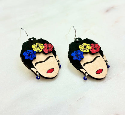 Frida Kahlo Wooden Earrings - Hand-Painted, Hypoallergenic Perfect for Everyday Wear.
