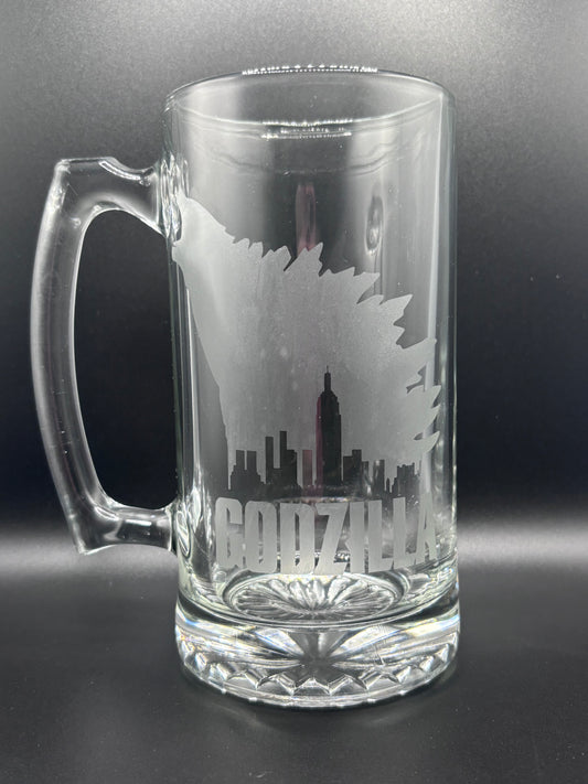 Unique Godzilla Glass Stein with Intricate Etched Design