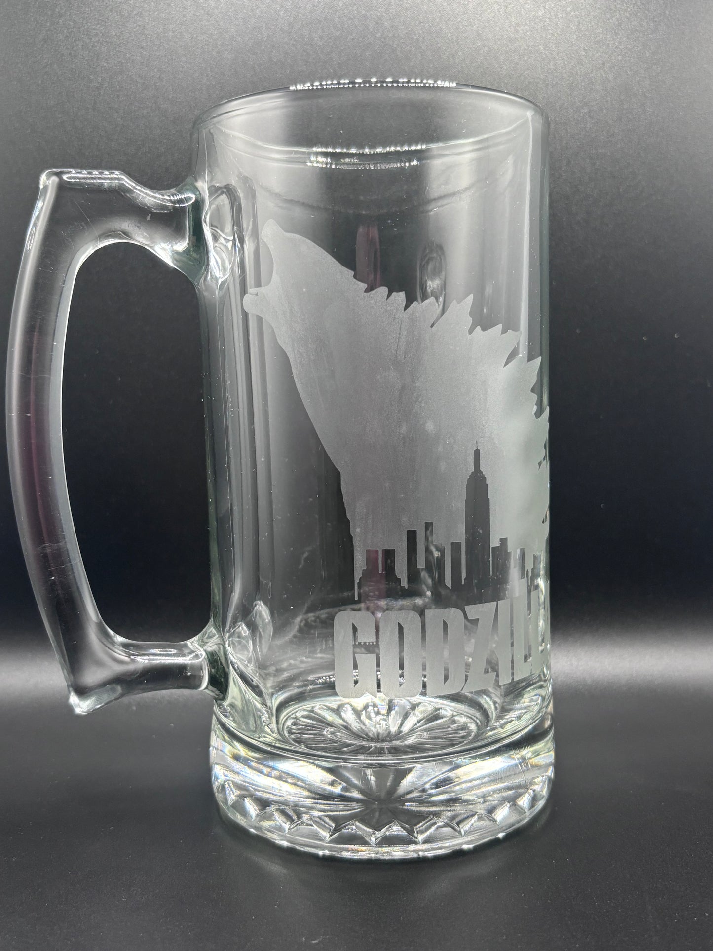 Unique Godzilla Glass Stein with Intricate Etched Design
