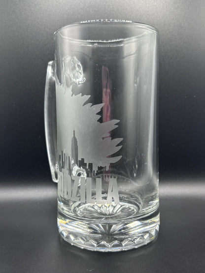 Unique Godzilla Glass Stein with Intricate Etched Design