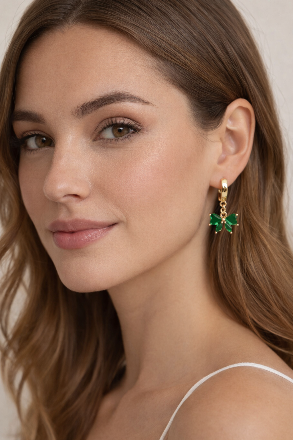 Green Bow Drop Earrings, Gold-Plated Surgical Steel, Hypoallergenic Cubic Zirconia