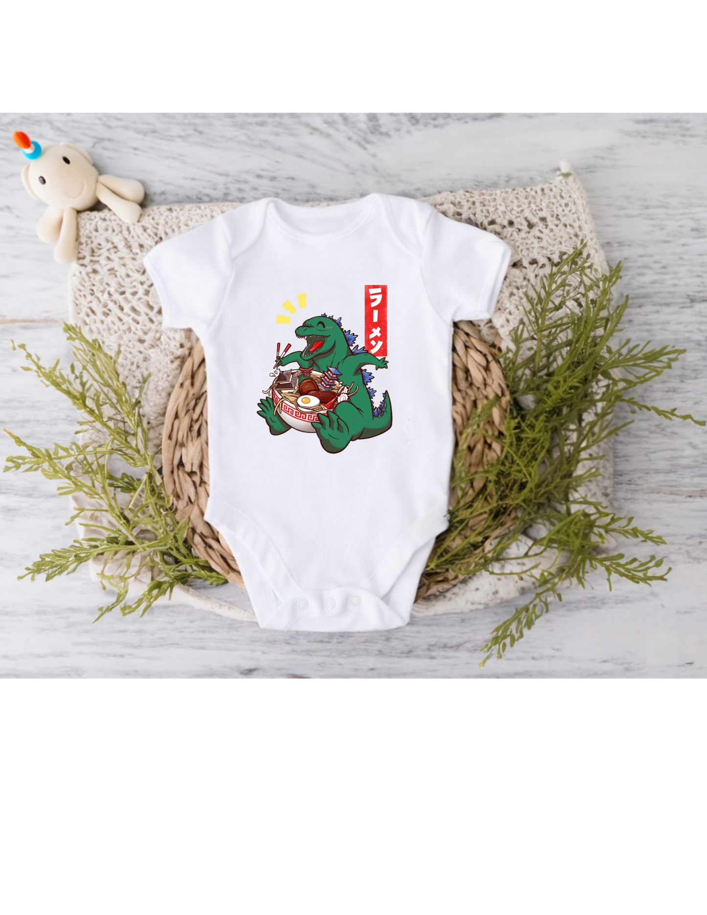 Kawaii Baby Bodysuit with Godzilla King of the Monsters Enjoying its Ramen Bowl