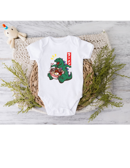 Kawaii Baby Bodysuit with Godzilla King of the Monsters Enjoying its Ramen Bowl