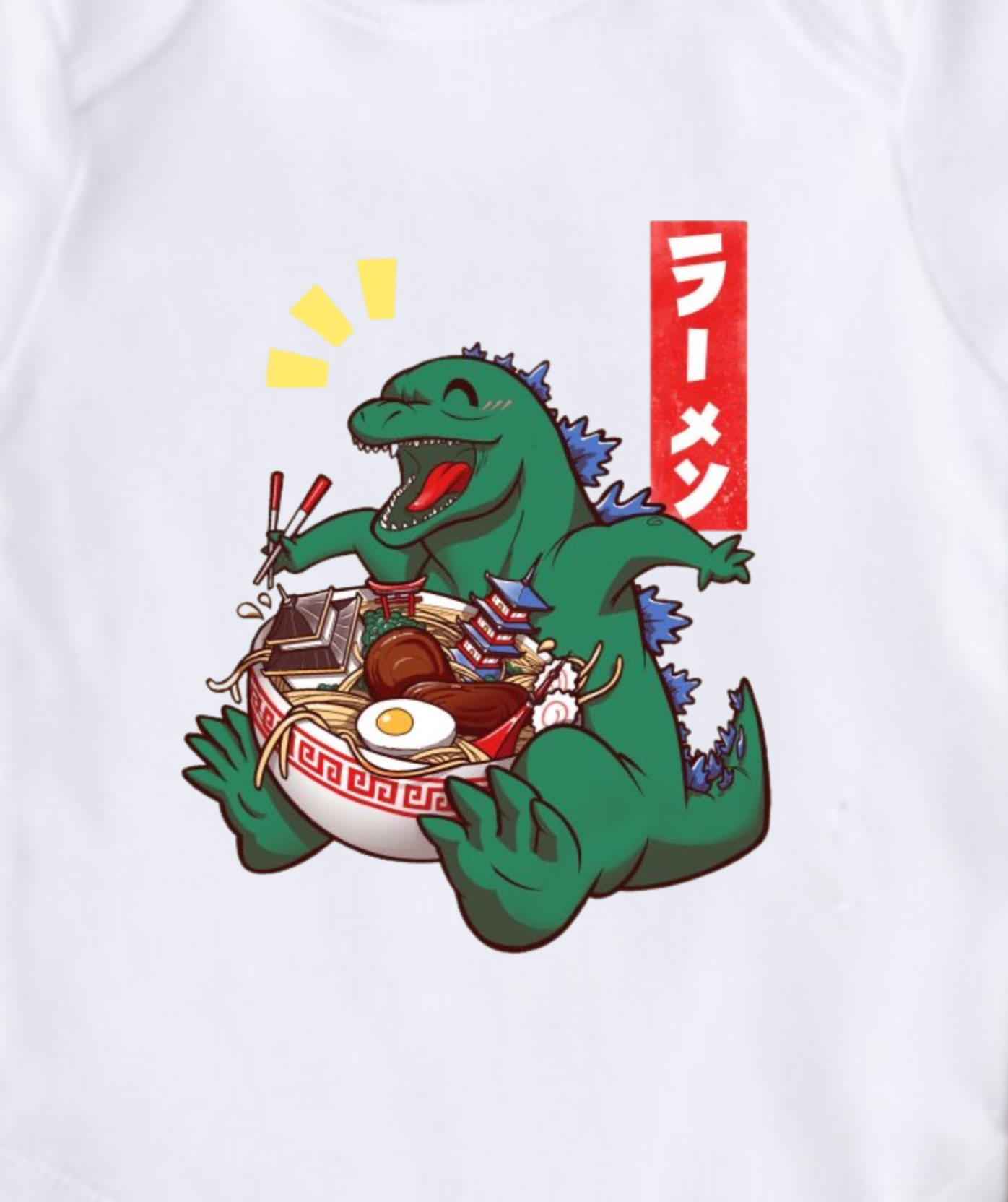Kawaii Baby Bodysuit with Godzilla King of the Monsters Enjoying its Ramen Bowl