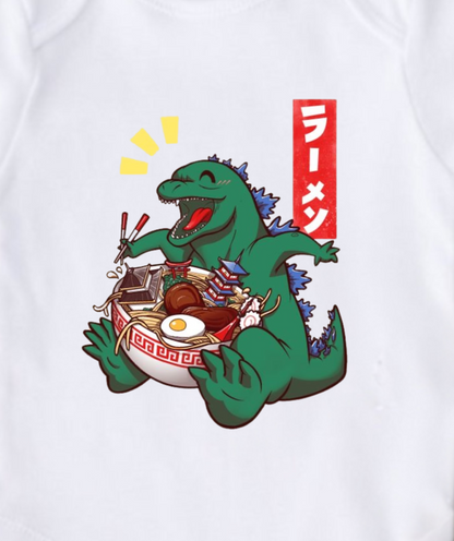 Kawaii Baby Bodysuit with Godzilla King of the Monsters Enjoying its Ramen Bowl