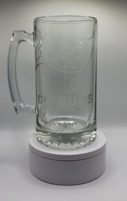 Tampa Bay Buccaneers Go Bucs themed Glass Stein - Hand Etched Design - Football Lover's Gift