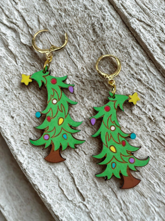 Hand Painted Adorable Christmas Tree Earrings with Hypoallergenic Clasp